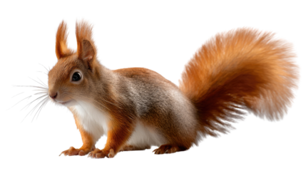Red Squirrel's Posing: A curious red squirrel showcases its vibrant fur, expressive gaze, and bushy tail while posing, highlighting nature's adorable wildlife.
