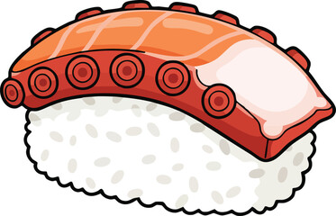 Cartoon sushi with octopus on rice, isolated on white.