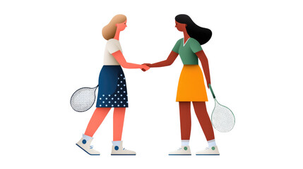 Fototapeta premium Tennis Tournament Handshake: Capturing a moment of sportsmanship and respect between two female tennis players before the start of the match.