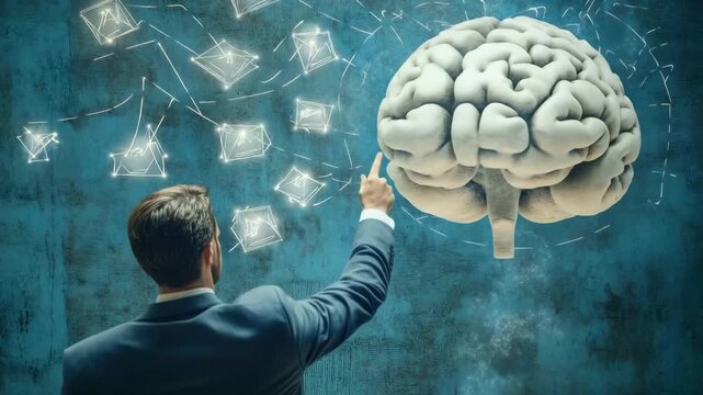 Man in suit pointing at a floating brain with digital paper airplanes on a textured blue background