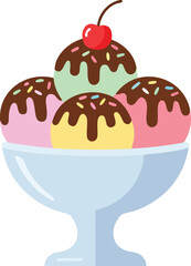 A colorful ice cream sundae with four scoops, chocolate syrup, sprinkles, and a cherry on top, served in a glass bowl.