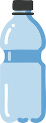A simple, stylized illustration of a clear plastic water bottle with a black cap and blue liquid inside.