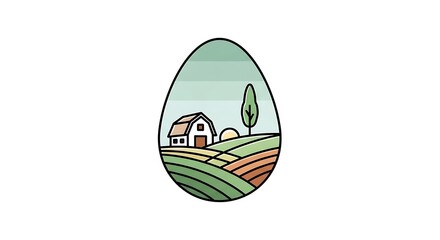 Rural Farm Landscape with House and Tree in Egg Shape.