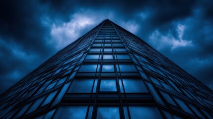 Fototapeta premium Dramatic view of a modern skyscraper reaching towards a stormy sky, reflecting ominous clouds