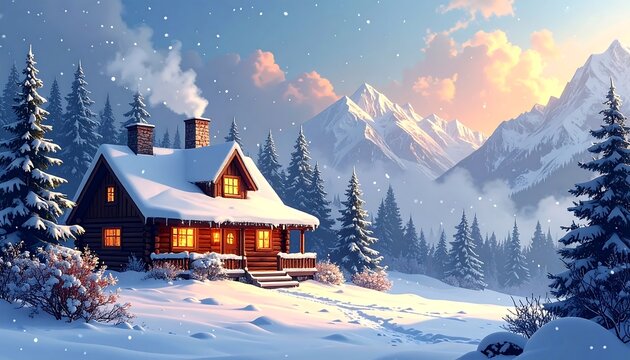 Snowy cabin nestled in wintery mountains