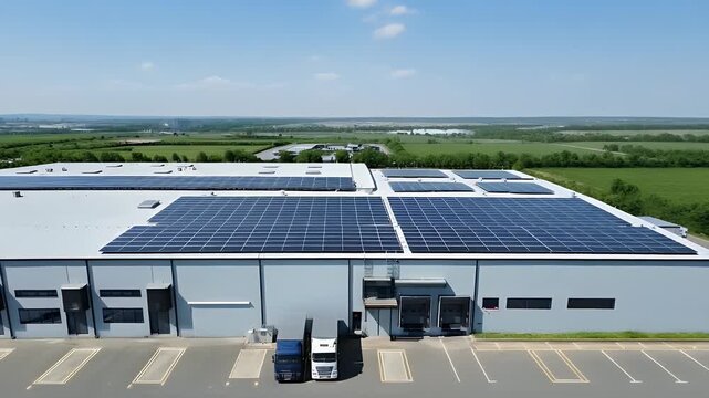 Modern warehouse with vast solar panel arrays on roof powering sustainable industrial operations under blue sky