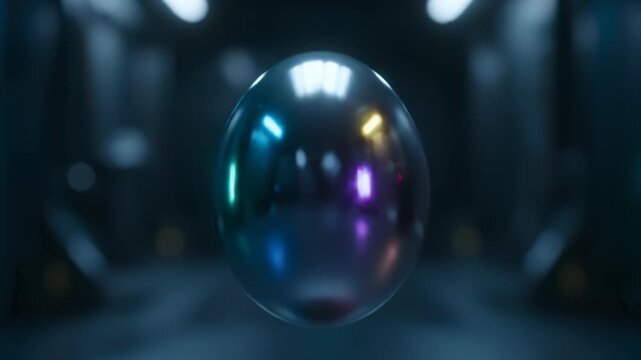 Glossy futuristic spheroid reflecting bright neon colors in dark hallway