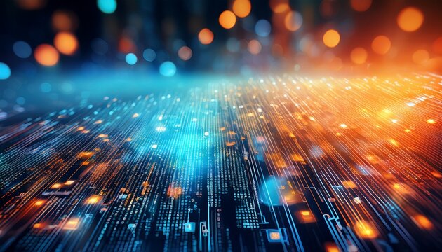 data and binary code on a dark blue orange teal gradient backdrop with bokeh lights create an atmosphere of digital innovation and technology
