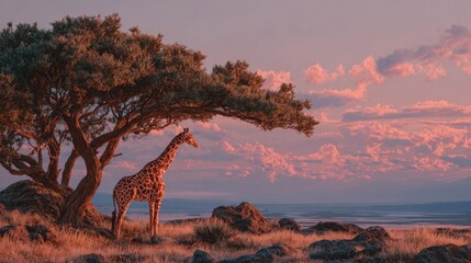 Giraffe stands gracefully under a tree during a colorful sunset in the African savanna, creating a peaceful scene filled with nature's beauty