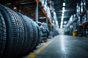 Tire storage area in a large warehouse with neatly arranged stacks and aisles filled with automotive supplies in daylight
