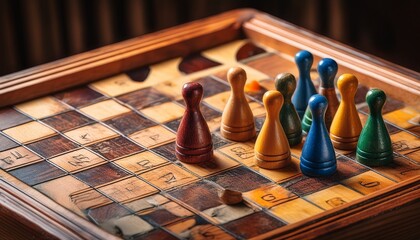 a vintage board game in progress featuring colorful wooden playing pieces on a well worn game board