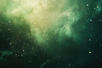 A vibrant green and yellow cosmic nebula filled with countless shimmering stars and ethereal gaseous clouds, creating a stunning celestial display.