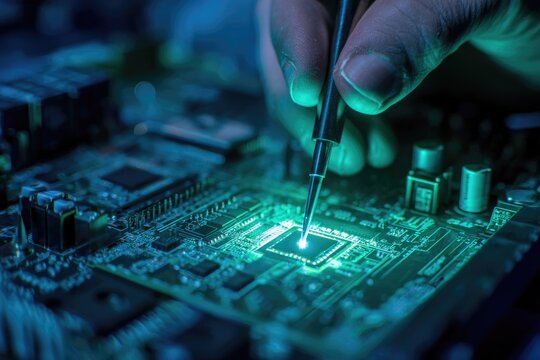 A hand precisely places a microchip on a glowing circuit board using tweezers. It highlights intricate electronic assembly and repair.