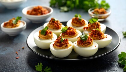 Spicy Deviled Eggs Garnish with Cilantro on Dark Plate