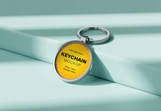 Circular Metal Keychain Mockup with Realistic Shadow