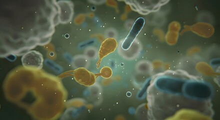 A microscopic view of biological creatures inside an intracellular environment, showcasing cellular structures and tiny organisms within a vibrant, detailed biological setting.