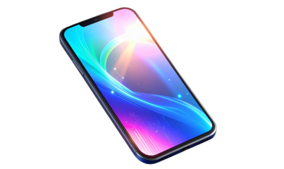 Dynamic Futuristic Phone Icon with Multi-Colored Glowing Screen, Isolated on Transparent Background, PNG