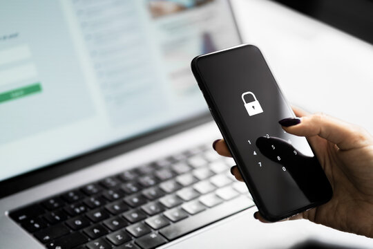 Data protect online. Privacy from fraud with with phone password, OTP. Two factor verification, 2fa. Personal cyber internet security. Digital bank information cybersecurity against scam.