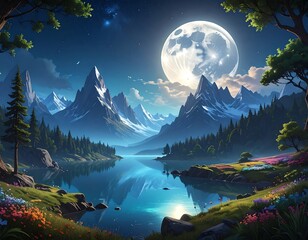 Serene moonlit lake nestled among majestic snow-capped mountains and lush forests, reflecting tranquility