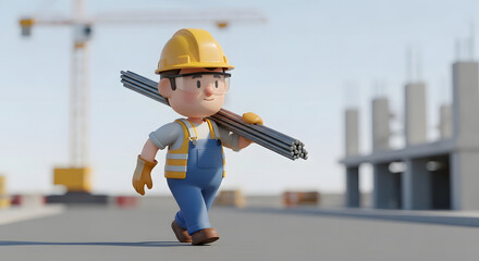 construction worker carries steel rebar on building site