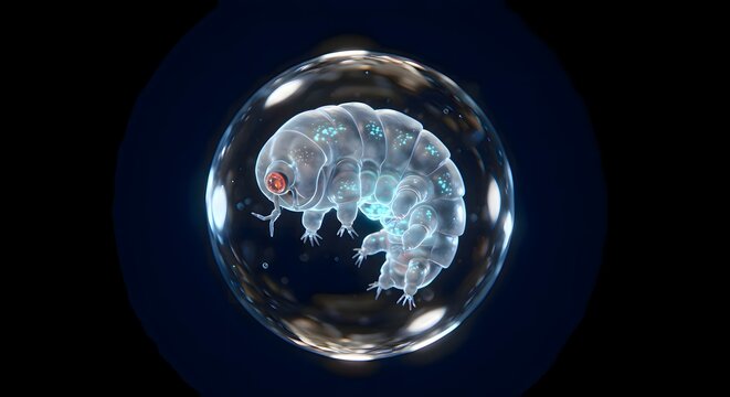 A tiny, water-dwelling tardigrade with a segmented body and eight legs, viewed under a microscope.