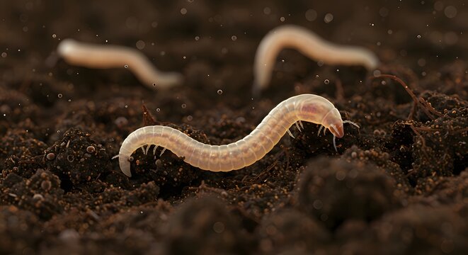 A close-up of tiny nematode worms wriggling on a surface, showcasing their elongated, transparent bodies and simple internal structures.