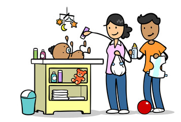 Vater und Mutter wickeln zusammen ihr Baby mit frischer Windel