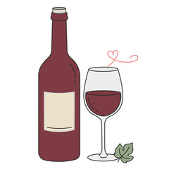 Flat style wine bottle and glass illustration, simple cute design for celebration, bar, restaurant, or lifestyle graphics.