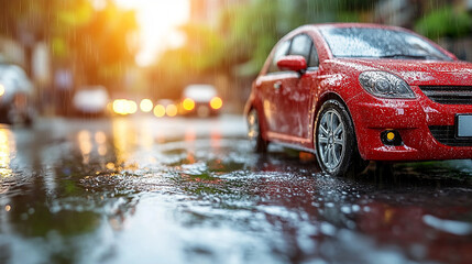 Red sport car speeding down an old winter road