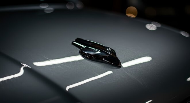 Close up of black automobile emblem on a dark surface with reflections and bokeh lights for commercial use