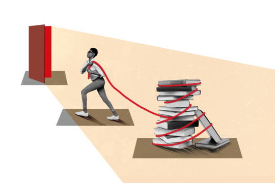 Collage young woman pull literature book stack pile rope effort persistence achieve goal doorway ladder upstairs walk education knowledge