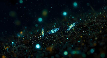 Obraz premium A vibrant underwater scene featuring glowing bioluminescent creatures illuminating the dark ocean depths.