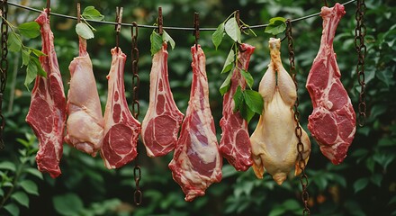 Fresh cuts of meat and poultry hanging against greenery backdrop