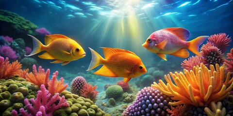 Obraz premium Vibrant Reef Scene Featuring Three Colorful Fish Swimming Amidst a Lush Coral Garden Bathed in Sunlight