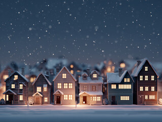 Fototapeta premium 雪景色の住宅街と暖かな窓明かりが織りなす幻想的なナイトシーン（広告 デザイン 背景）
