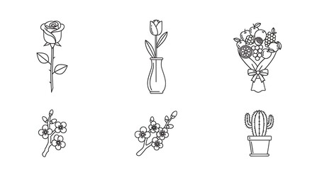 Simple Line Drawings of Various Flowers and Cactus.