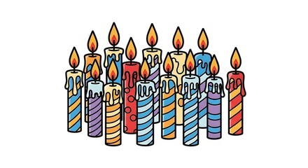 Colorful Birthday Candles with Flames on White Background.