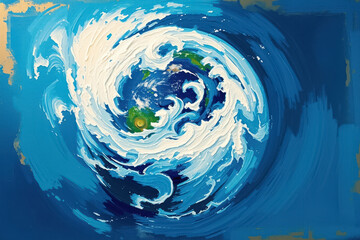 Surreal Swirling Earth Painting with Clouds in a Vortex, Depicting North and South America in Vibrant Blue and Green Tones