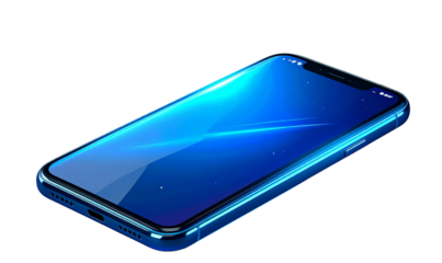 Futuristic 3D Holographic Smartphone with Neon Blue Glow, Transparent Background, PNG