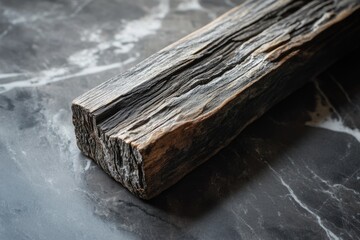 A weathered piece of dark, textured wood rests diagonally on a sleek, veined grey marble surface, showcasing natural decay and elegant contrast.