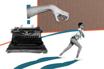 Composite photo collage of dissatisfied american girl carry heavy typewriter machine tool novelist...