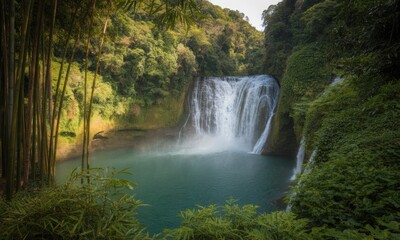 Lush waterfall cascading into a tranquil pool, framed by dense jungle foliage