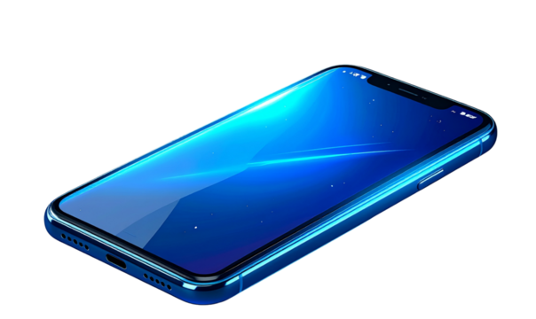Futuristic 3D Holographic Smartphone with Neon Blue Glow, Transparent Background, PNG - Powered by Adobe