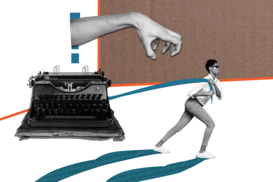 Composite photo collage of dissatisfied american girl carry heavy typewriter machine tool novelist writer isolated on painted background