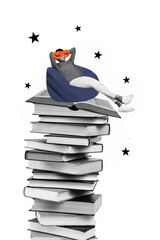 Vertical photo collage of happy american girl wear mask lay beanbag huge book stack lazy recreation student isolated on painted background