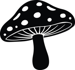 Stylized black and white illustration of a large mushroom surrounded by smaller fungi