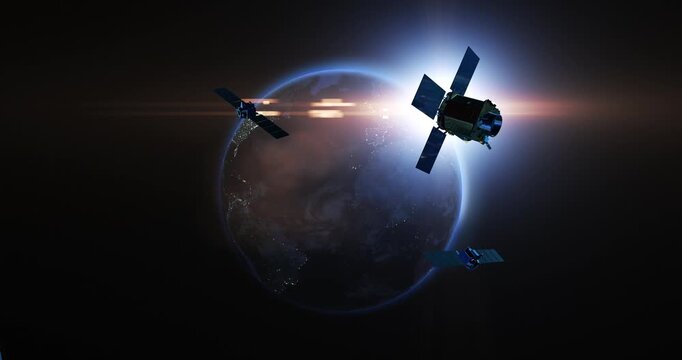 Military satellites orbiting globe with visible solar panels. Technology and space related 3d animation. - Powered by Adobe
