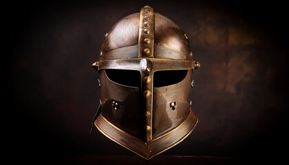 front view of a bronze medieval helmet detailed with rivets textured and worn against a dark background