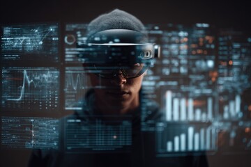 A person in futuristic VR/AR goggles is deeply immersed in holographic digital data interfaces, displaying complex graphs, charts, and code analysis.