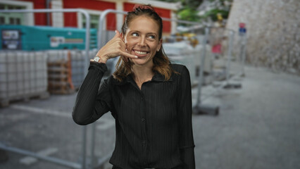 Fototapeta premium Woman points finger to camera at building construction site showing call me hand gesture and smile; playful challenge.